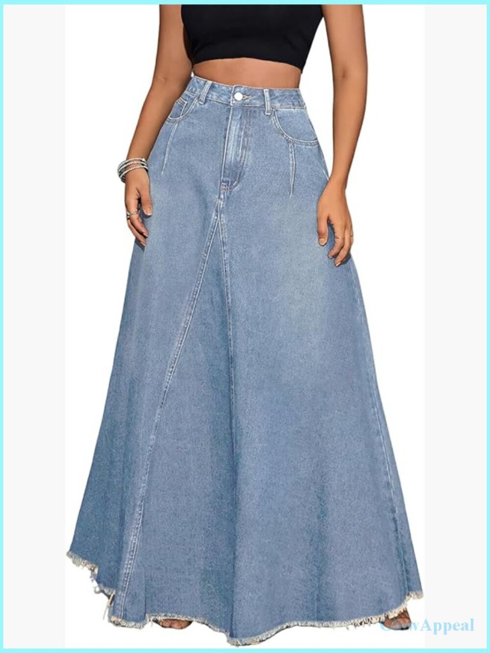 High Waist Distressed Frayed Hem Maxi Denim Skirt with Pockets